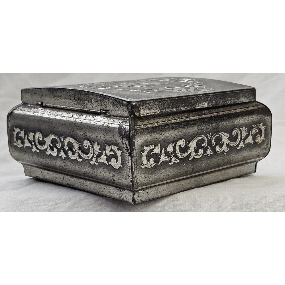Vintage RARE Ornate Metal Trinket Box–Western Germany Sailing Ship & Scrollwork